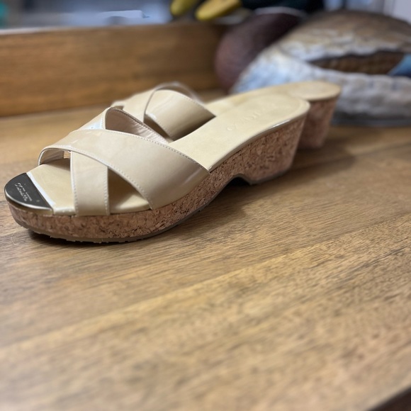 Jimmy Choo Nude patent Wedge Slide Sandals Size 38 (7) - Picture 3 of 6